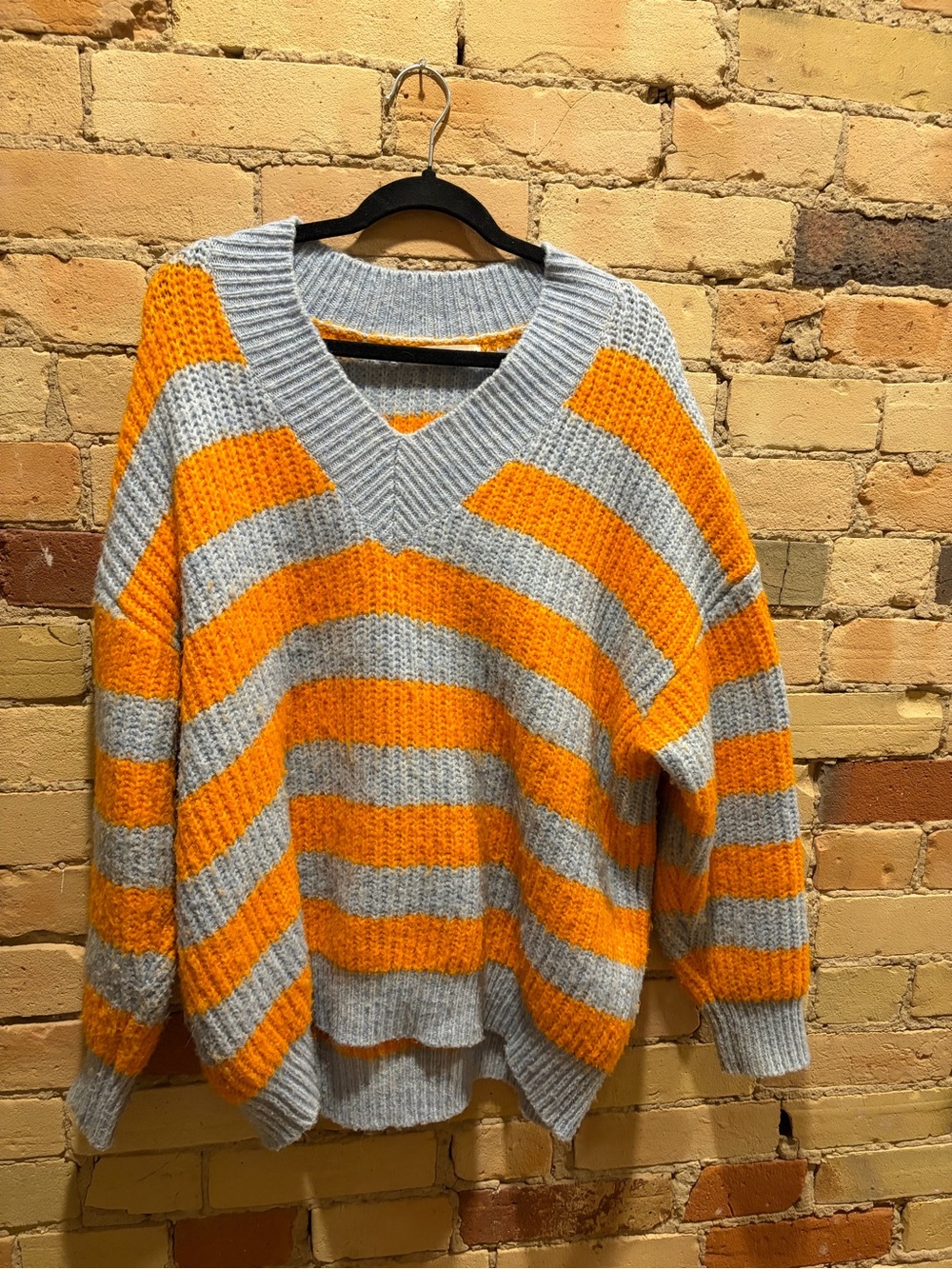 Mango Striped V-Neck Sweater in Gray and Orange
